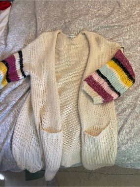 Cream Chunky Knit Cardigan with colorful sleeves